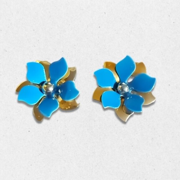 Pakula Gold Tone Flower Earrings Clip-On Closure Enamel Petal Gold/Blue Women's - Picture 1 of 3